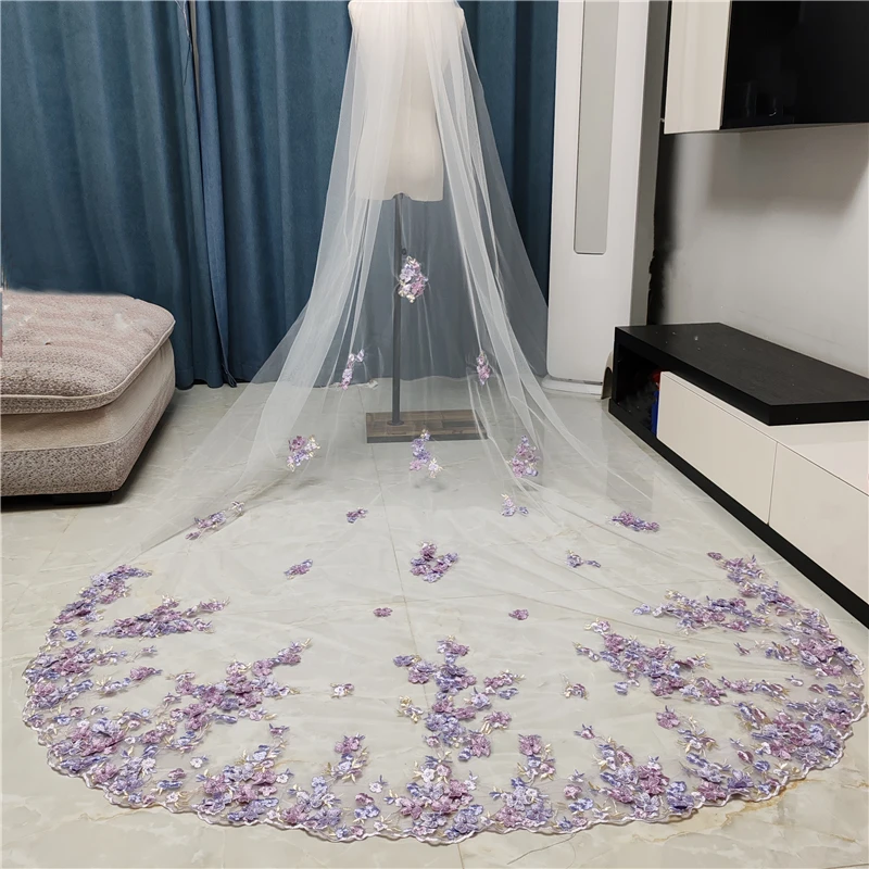 Lilac Purple 3D Flowers Wedding Bridal Veils Pearls Cathedral Long White Ivory Tulle Lace Edge With Comb For Brides Unique