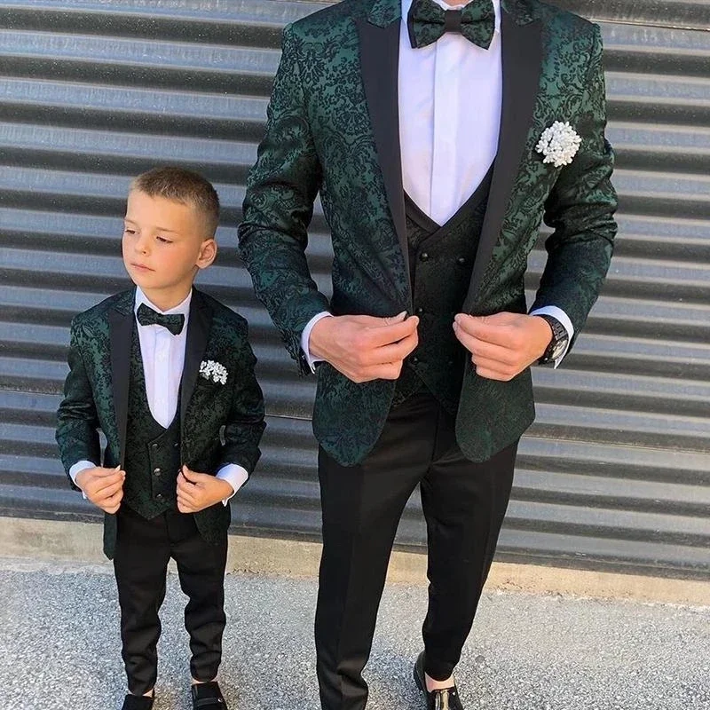 

Fashion Father & Son Suits 3 Pieces Slim Fit Jacquard Wedding Groom Tuxedo Blazer Green Boys Men Casual Party Suit Set Custom