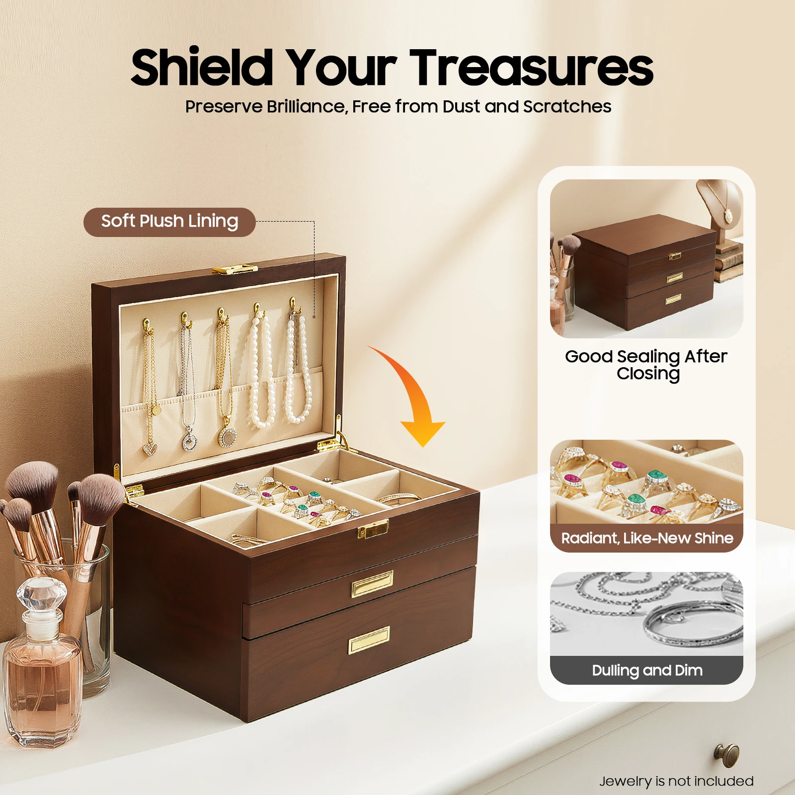 3-lagige Schmuckschatulle, 11*7,5*7,1 Zoll Schmuck-Organizer-Box, Aufbewahrungsbehälter für die Aufbewahrung von Ohrringen, Ringen, Halsketten, Armbändern – Detail 7