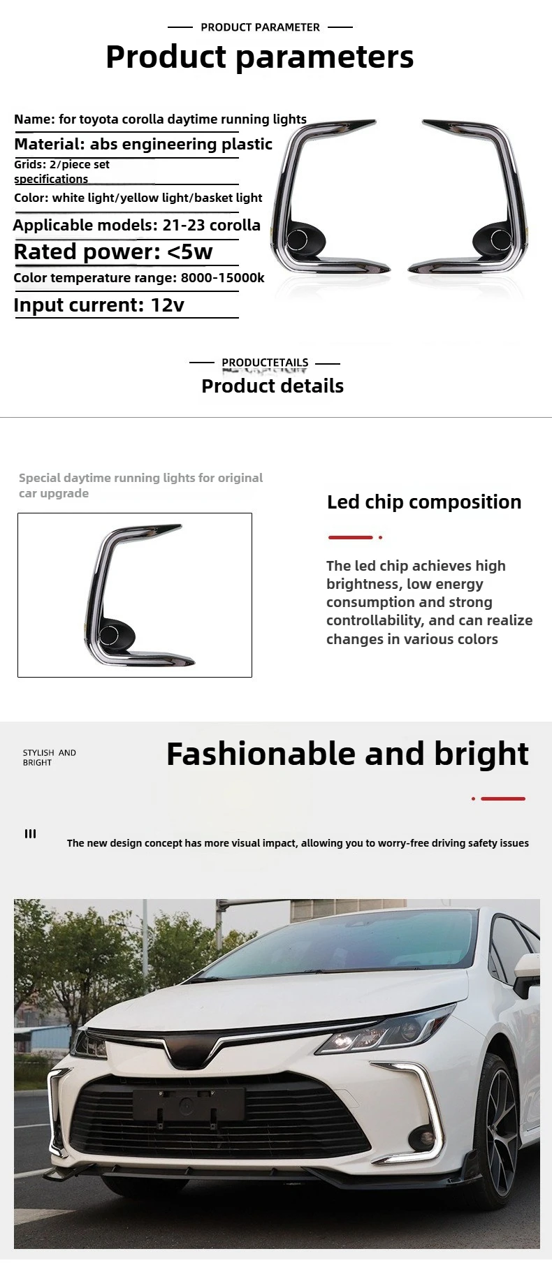 For Toyota Corolla 2019-2023 Car LED Daytime Running Light DRL Yellow Turn Signal 12V Front Fog Lamp Decoration Bumper Lights detail image 2
