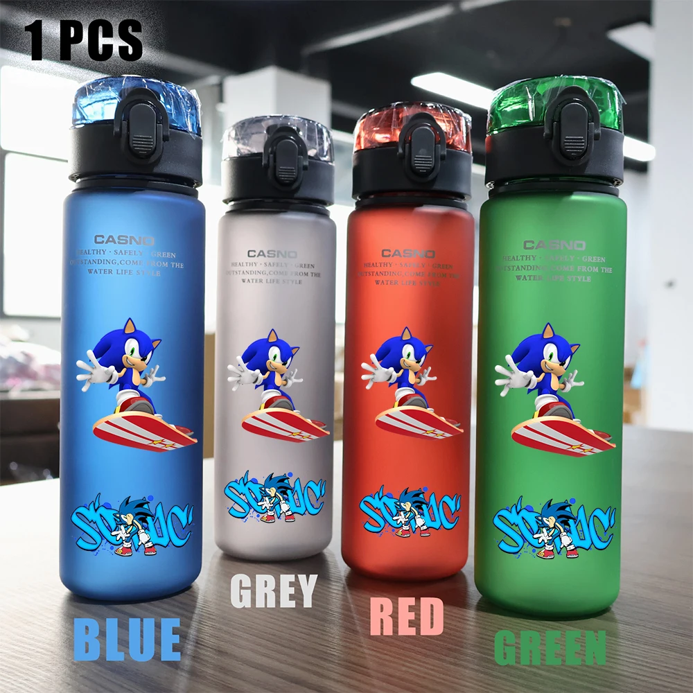 thumbnail image 1 of Vaso de agua portátil para deportes de viaje, para acampar al aire libre, resistente a fugas, de plástico, de Sonic the Hedgehog, rojo, verde, azul y negro, 560 ml, 1 of 5