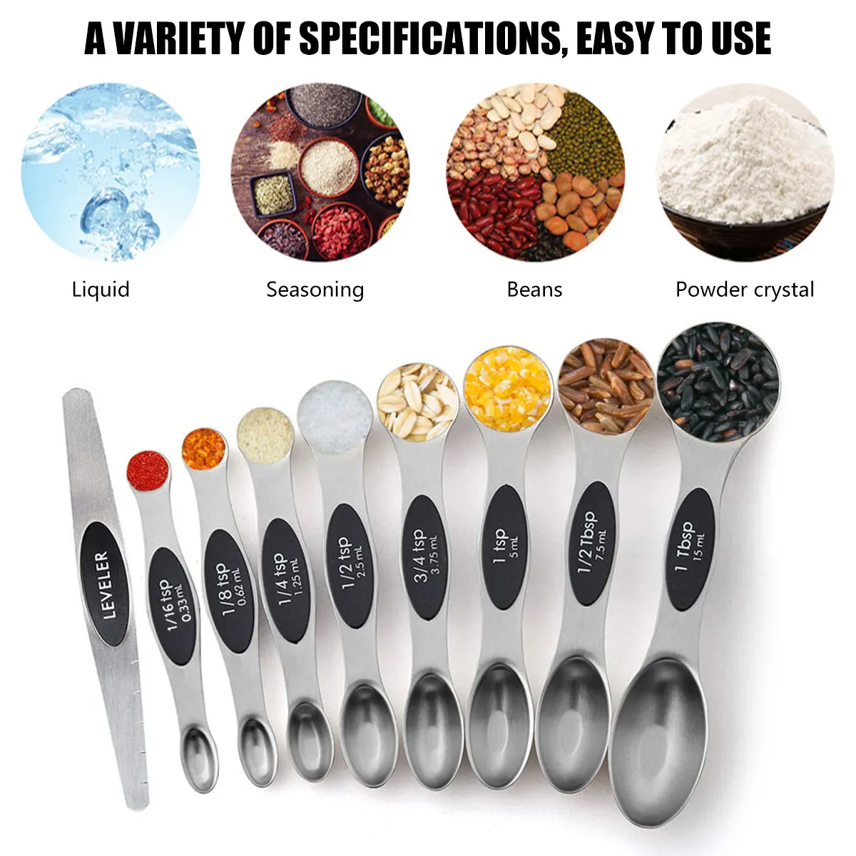 9Pcs Magnetic Measuring Spoon Set Stainless Steel Measuring Spoons Stackable Double-sided Teaspoons Metal Accurate Measuring