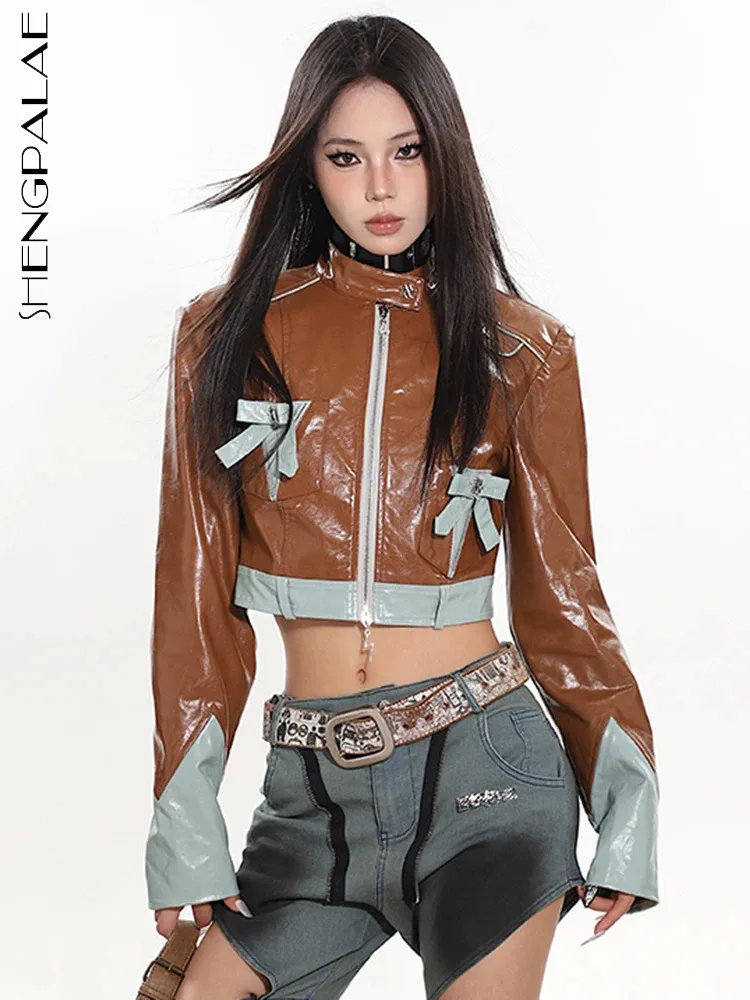 

SHENGPALAE Bow Spliced Leather Jacket For Women Contrast Color Full Sleeve Niche Design Short Coat Female Spring 2024 New 5R8787