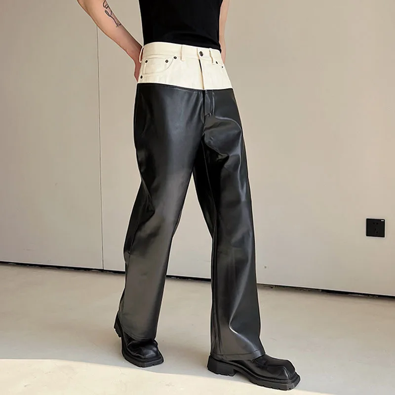 Wide Leg Pants IEFB Designer Denim Matching PU Leather Color Contrast Straight Pants Male Trousers High Street 9A7434