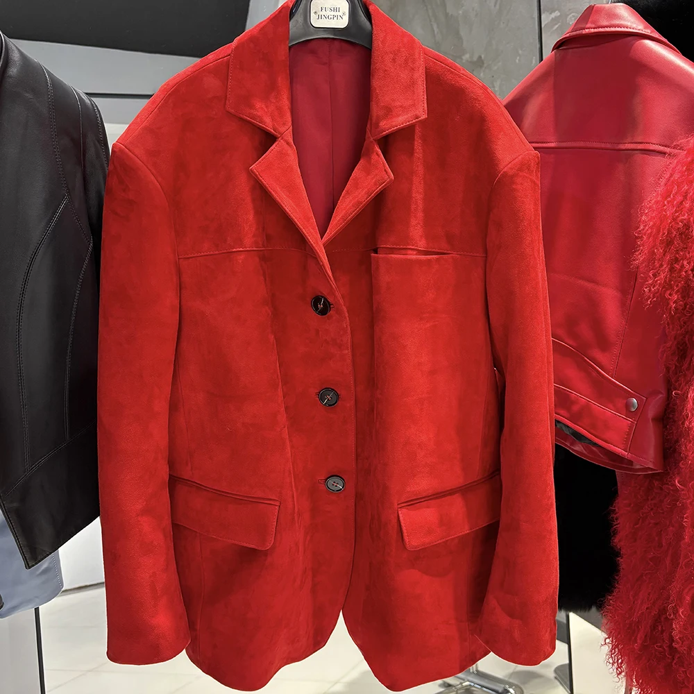 YOLOAgain Women's Oversized Suede Leather Blazer Single Breasted Real Leather Jacket Female 2025 Spring