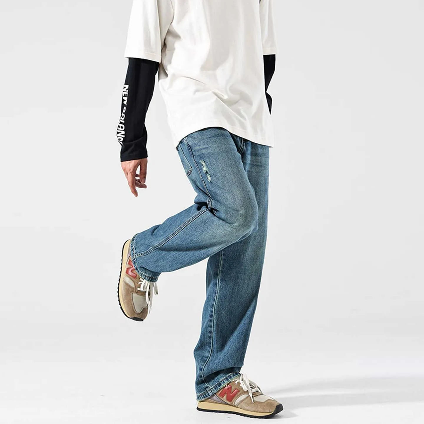 American Sle Retro Elastic Waist Jeans Men's Four Season New High Street Straight Leg Trendy Casual Wide Leg Long Pants