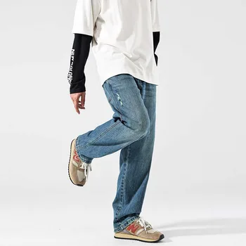 American Sle Retro Elastic Waist Jeans Men's Four Season New High Street Straight Leg Trendy Casual Wide Leg Long Pants