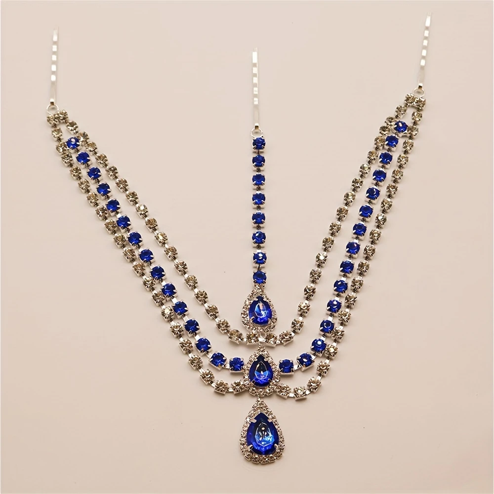 Blue Gemstone Water Drop Pendant Hair Chain jewelry set hair accessory