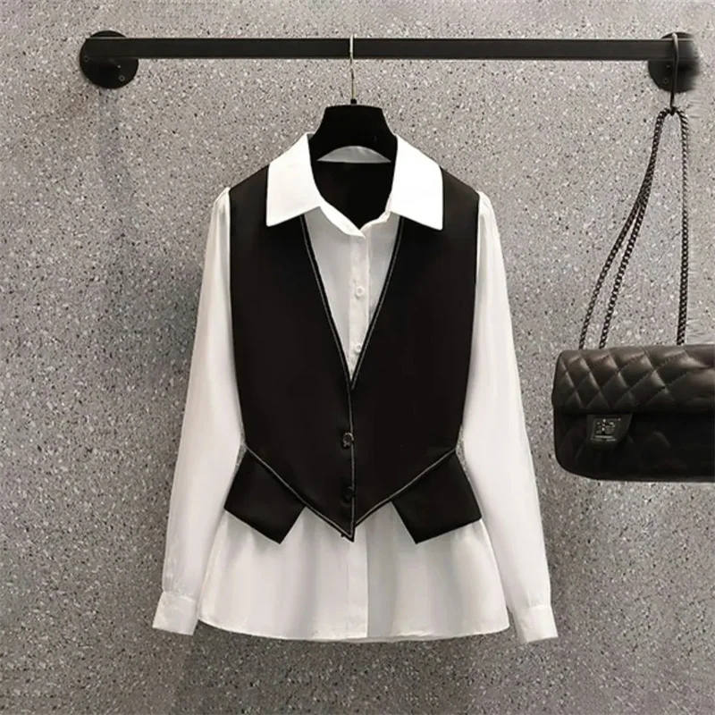 Large Size Women's 2023 Spring And Autumn Fat Sister Fashion Senior Sense European Goods Fake Two Shirts Micro Pants Career Suit