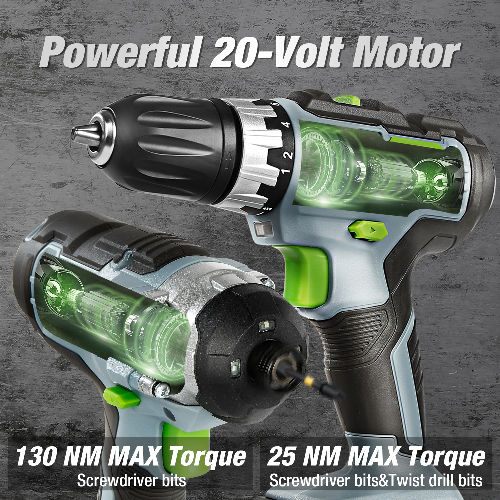 WORKPRO Li-ion Cordless Impact Screwdriver Set & Drill Driver Set 21PC including 20V 2 Fast Charging Batteries Power Tool cordless rotary tool