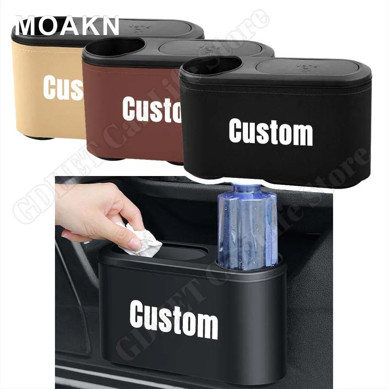 Car Trash Can Hanging Trash Bin Leather ABS Pressing Garbage Box Car Rear Row Organizer with Drink Holder Interior Accessories