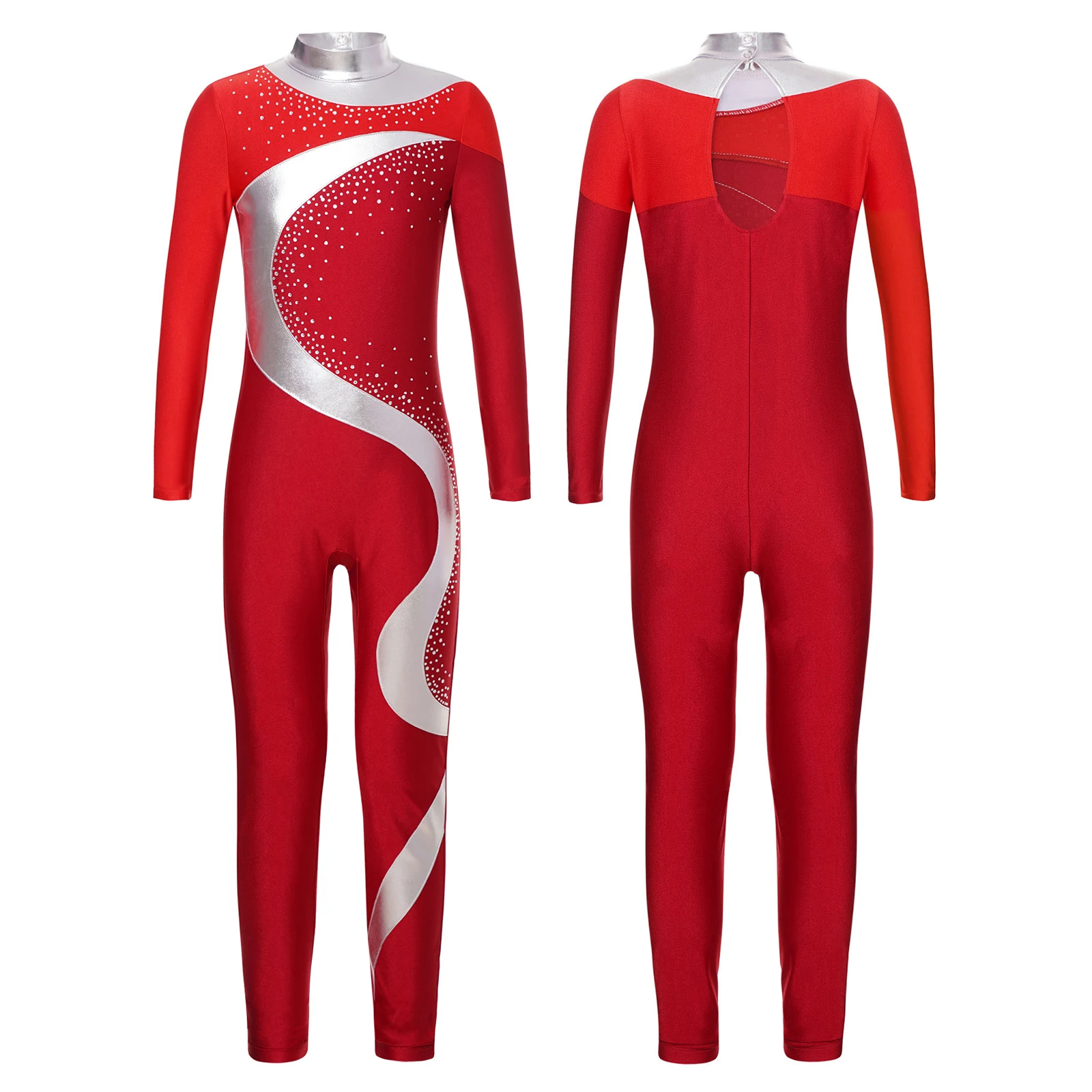 Kinder Mädchen Gymnastik Trikot Overall Langarm Metallic Kontrast farbe Bodysuit für Eiskunstlauf Tanz Performance Kostüm – Detail 25