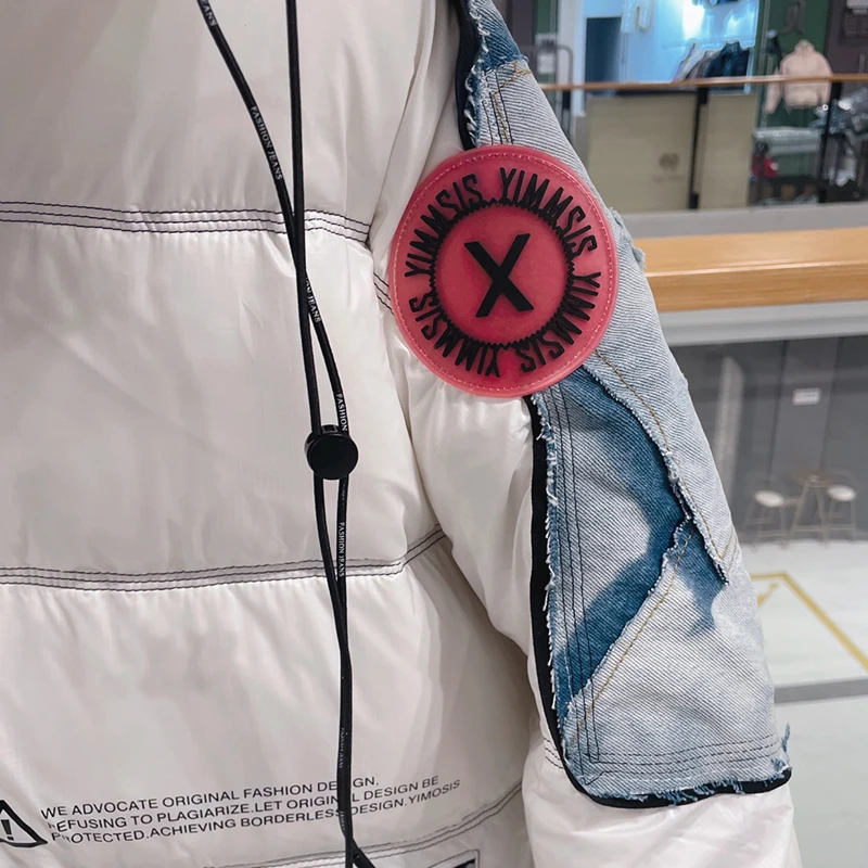 Women Thickened White Duck Down Jacket Trendy Denim Splicing Down Jacket Short Section Hooded Color Collision Parker Jacket Coat