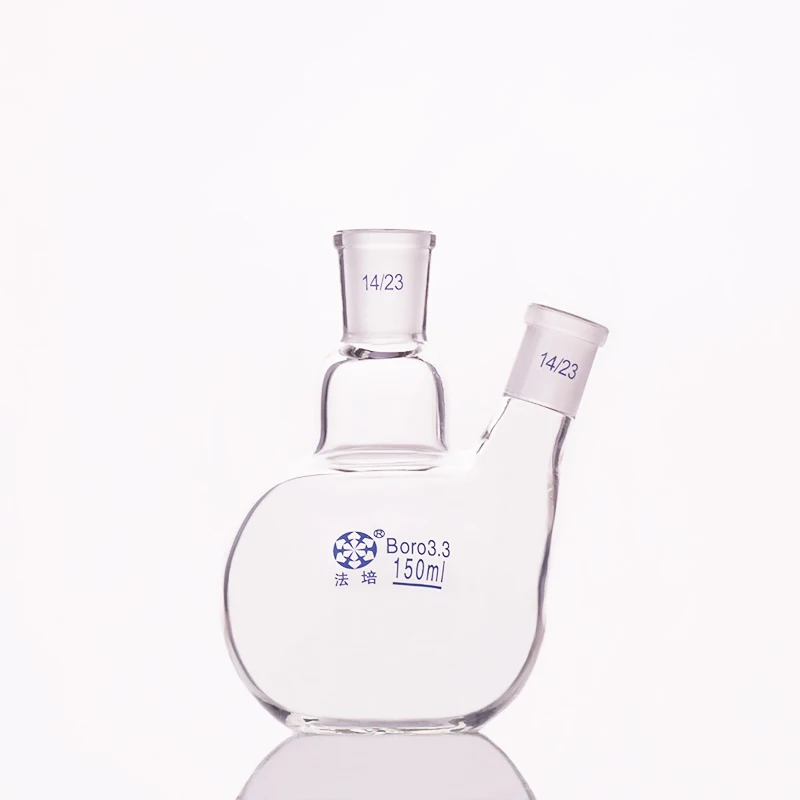 

Two-necked flask oblique shape,with two necks standard ground mouth 150mL 14/23,Two-necked flat bottom flask