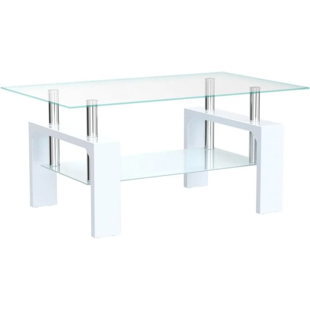 Living Room Rectangle Coffee Tables, Modern Side Coffee Table with Wooden Leg, Glass Tabletop with Lower Shelf 4