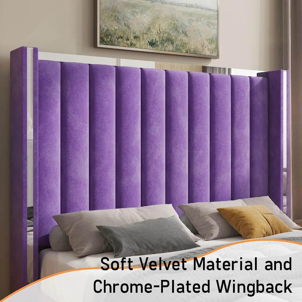 Queen Bed Frame with 58" Tall Headboard, Velvet Upholstered Platform Bed with Channel Tufted Wingback Headboard and Plating Trim 4