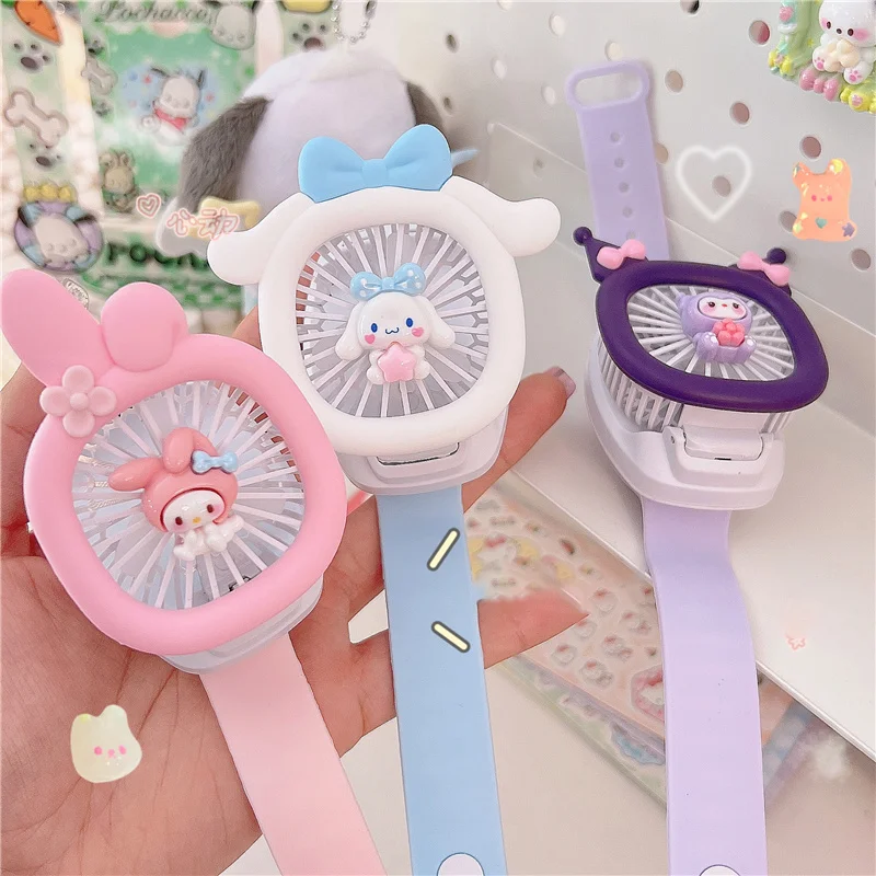 

Kawaii Sanrios Portable Wrist Strap Anime Kuromi Melody Cinnamoroll Mini Watch Handheld Fan Usb Charging Small Fans with Light