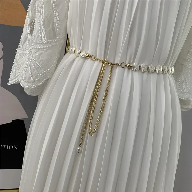 

Fashion Women Pearl Shell Chain Belt Elegant Metal Thin Slim Waist Belts Dress Skirt Wild Waistbands Straps Clothes Accessories