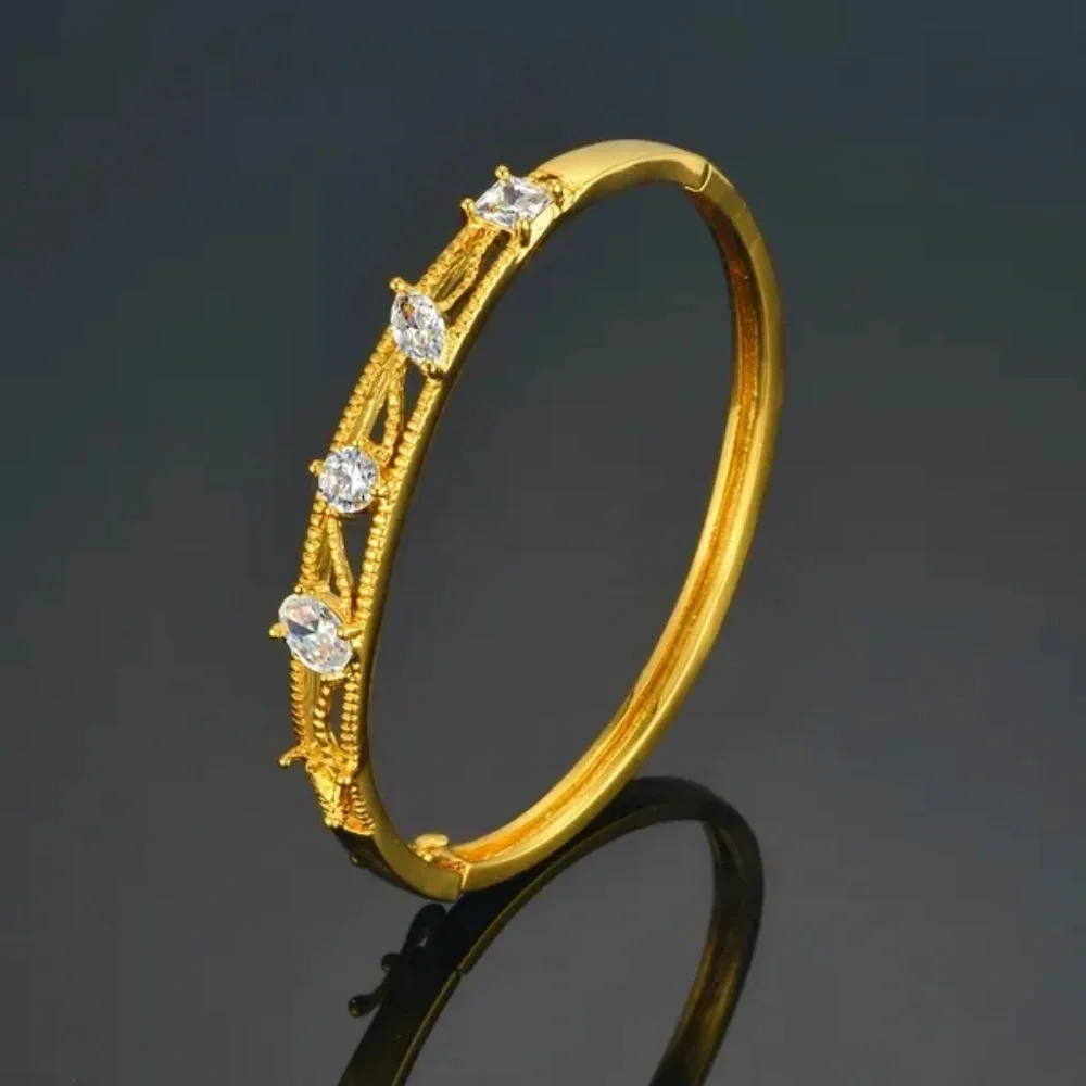 Women's Wedding Bridal Cubic Zircon Cuff Bangle Bracelet Indian Africa Lady Jewelry Ethiopian Gold Color Bride Jewelry Gift 3