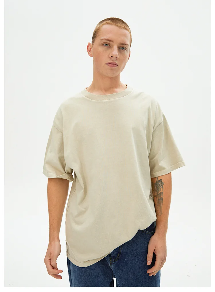 Crewneck Heavyweight T-Shirt   Men’s Boys Round o-neck Streetwear Tees Heavy Weight Short Sleeve Retro Washed Old T-shirt for Men Couple Loose Oversize Tee Shirt 3xl Plus size Tops for Man in Khaki beige