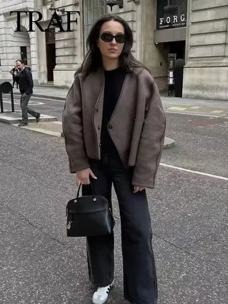 

TRAF 2023 Autumn Female Coat Asymmetrical Solid Loose Jacket Fashion V Neck Sewing Hidden Button Long Sleeve Women's Coats