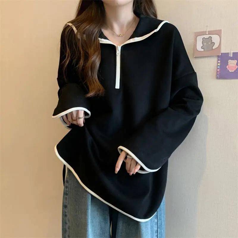 Women Trendy Simple Casual Patchwork Oversized Streetwear Half Zipper Hooded Sweatshirts Female Y2K Long Sleeve Pullover Hoodies