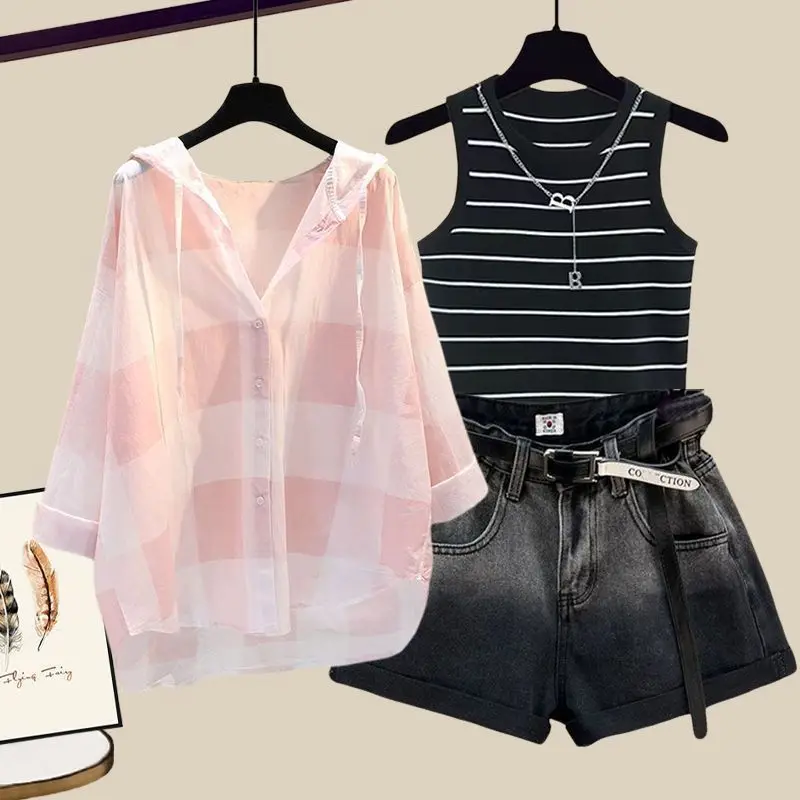 Large Women's Spring/Summer Versatile 2024 New Sunscreen Shirt Slimming Tank Top Denim Shorts Three piece Set