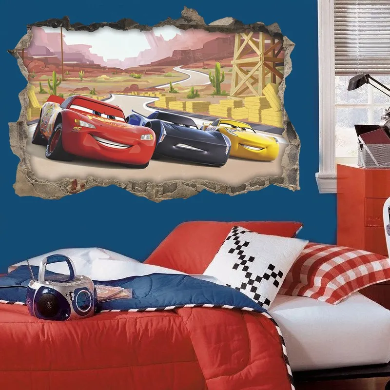 3D Disney Cars Through Wall Stickers For Kids Rooms Home Decor Cartoon Lightning Mcqueen Decalcomanie Da Parete Pvc Murale Art Poster Fai Da Te