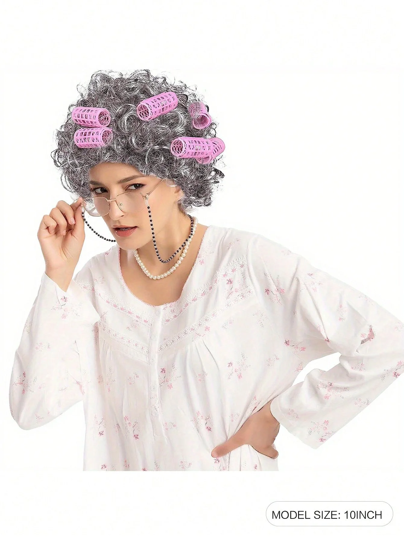 Old Lady Costume Set - Grandmother Synthetic Wigs, Wig Caps, Granny Glasses, Glasses Retention Chains, Pearl Necklaces