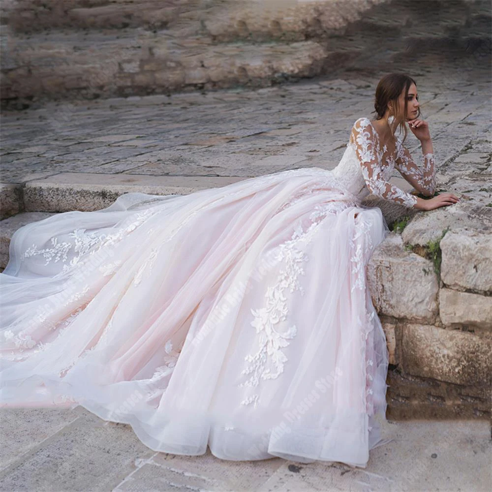 Round Collar Long Sleeves Wedding Dresses Bright Backless Bridal Gowns A Line Mopping Length Ball Vestidos De Novias Customized 3
