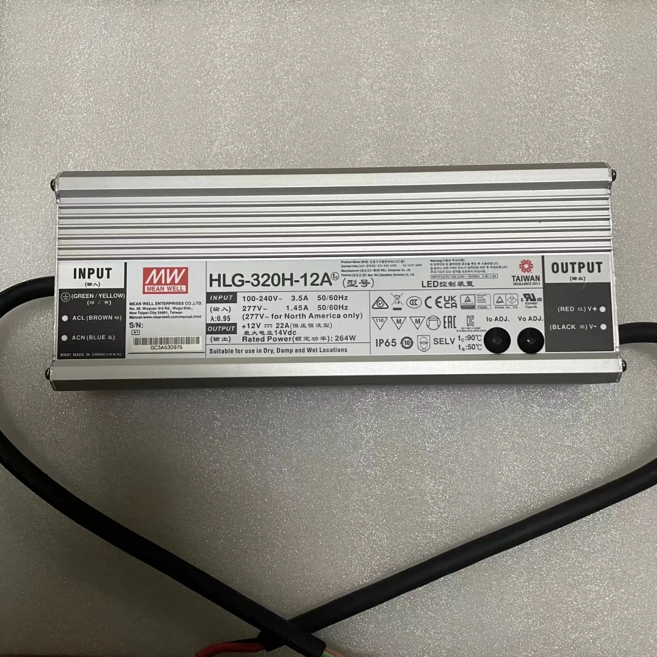 320W Voeding 12A PFC Voeding Mean Well LED PSU -HLG-320H-12A- IP65 12V/22.0A Wide Input Industriële LED Driver Ingangsspanning 90-305VAC