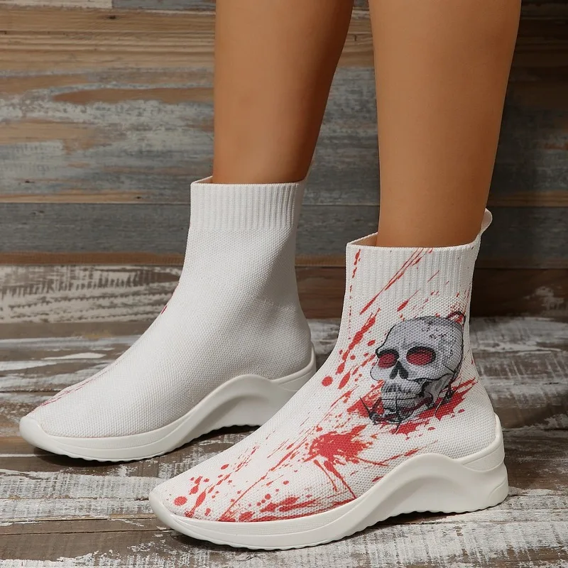 

2023 Autumn Printed Series Halloween Skull Special Print Women's Boots Fashion Igh Top Breathable Knitted Boots Plus Size 36-43