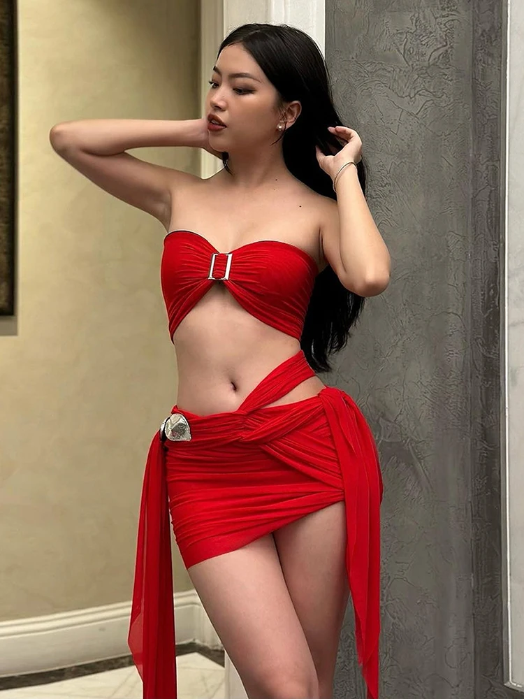 Nibber Christmas Sexy Irregular Bandage 3-Piece Set Women Chest Wrapped+Chic Sleeve+Lace-Up Skirt Matching Hottie Party Outfits