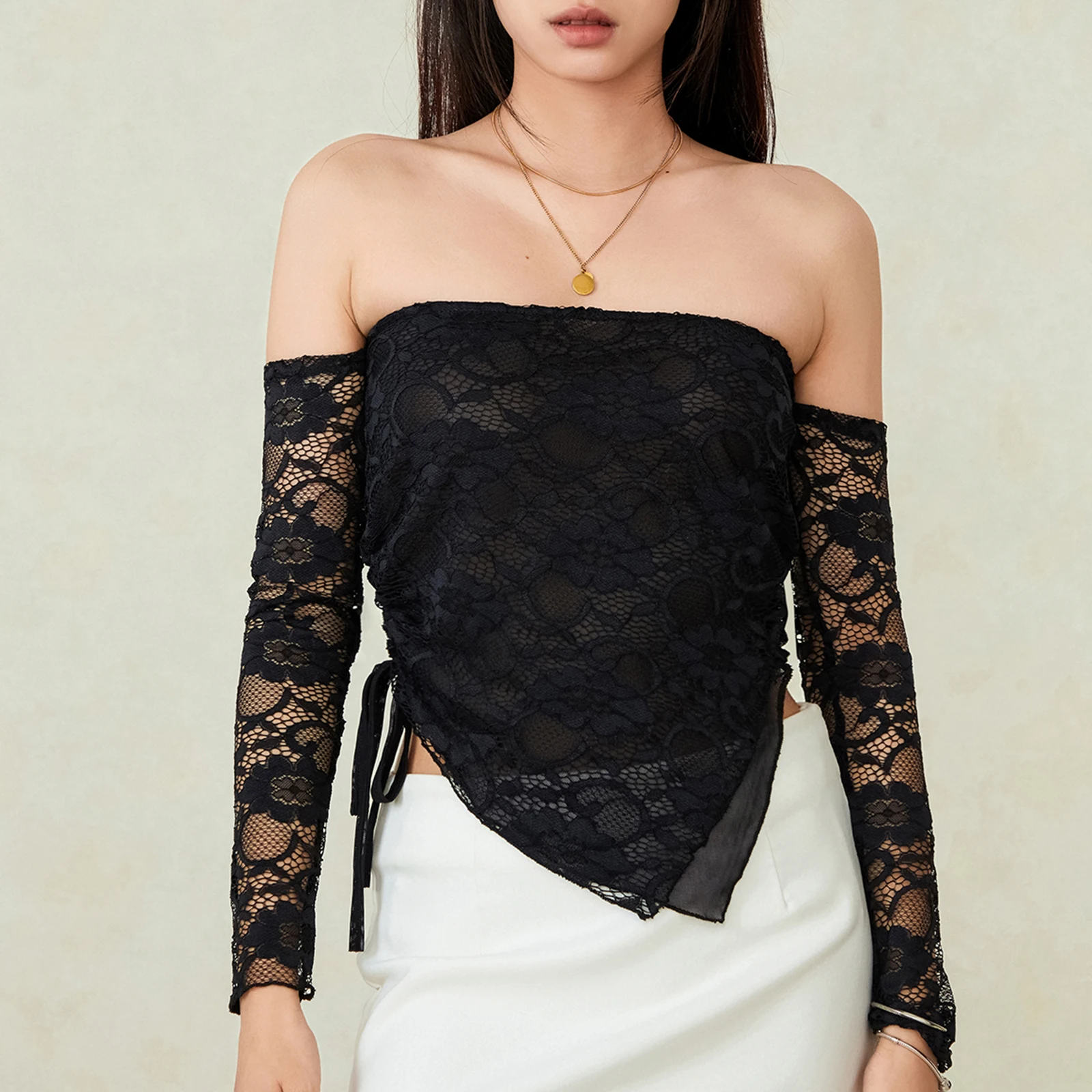 

Women’s Off Shoulder Lace Tops Long Sleeve Slim Fit Ruched T-Shirt Asymmetrical Blouses