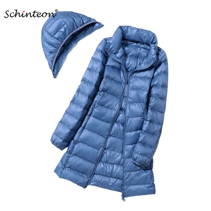 Schinteon M-7XL Women Down Jacket Ultralight White Duck Down Long Coat with Removable Hood Thin Slim Spring Autumn Outwear New