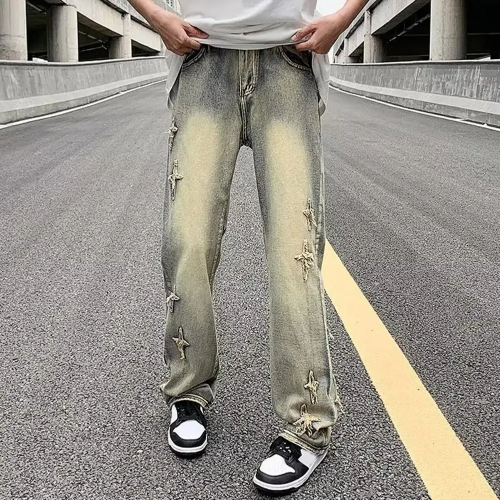 Men Gradient Color Splicing Jeans Gradient Color Splicing Men's Denim Pants with Distressed Cross Pattern Slight Flared for Men