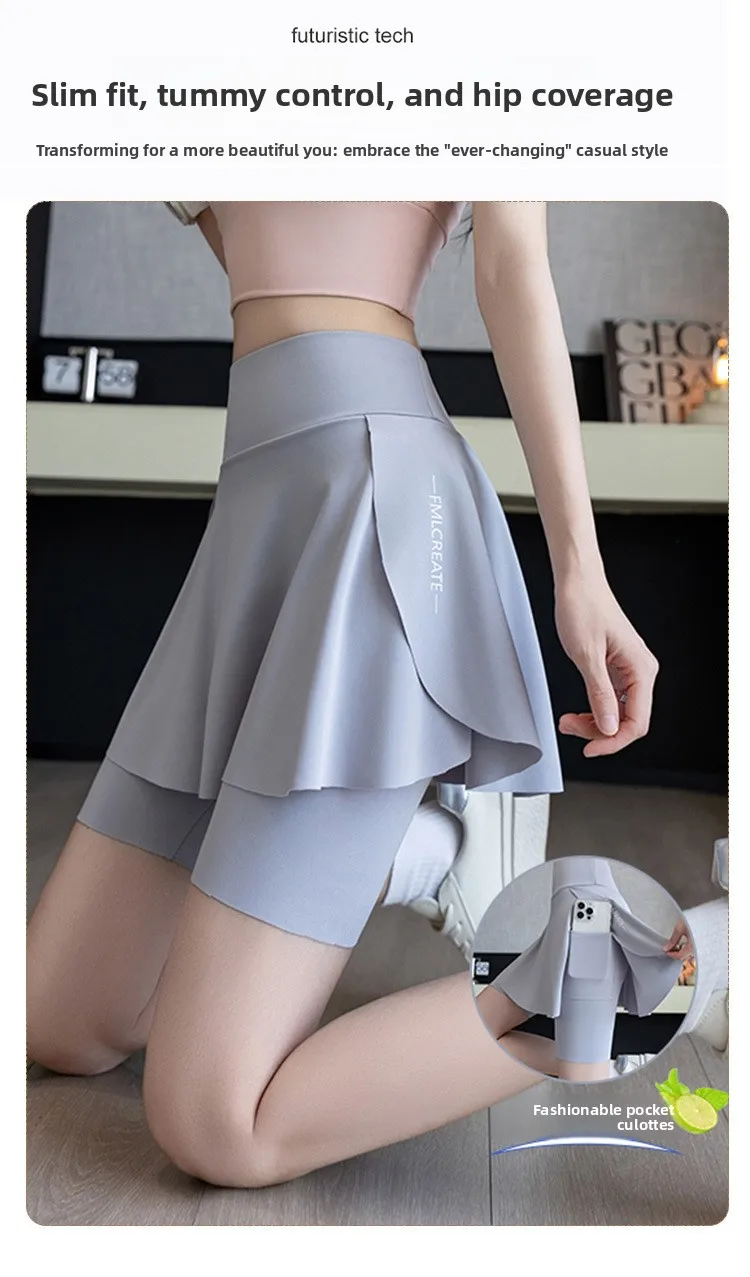 Fake Two-Piece Rock-Leggings, Sommer-Freizeitshorts mit Taschen, Fahrradshorts für Damen, Yoga, Laufen, Outdoor, Anti-Scheuer-Shorts – Detail 4