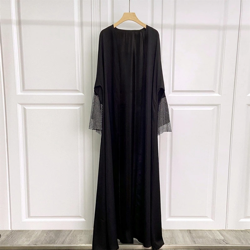 무슬림 라마단 이드 블랙 오픈 기모노 아바야 탄성 드릴링 네트, Shalwar Kameez 캐주얼 루즈 모로코 걸프 여성 로브
