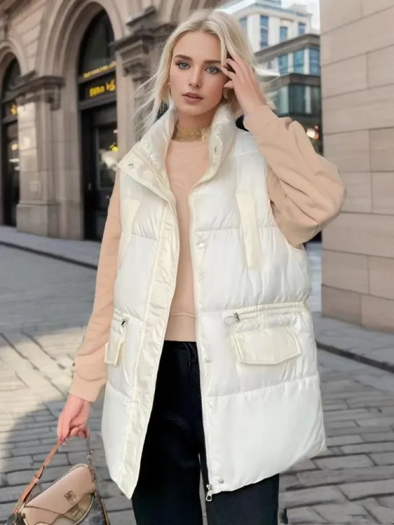 2023 Autumn Long Down Cotton Jacket Vest Winter Casual Solid Zipper Loose Sleeveless Thick Warm Jackets Coat Solid Waistcoat