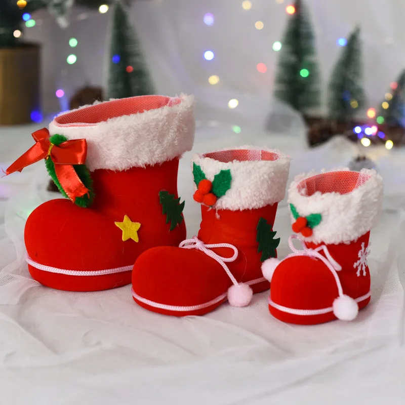 

3 Sizes Christmas Candy Boots Santa Claus Flocking Boots Stockings Decorative Candy Gift Box Home Decoration Supplies