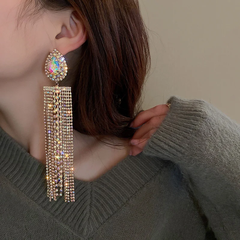 Black Gold Color Water Drop Crystal Earrings Oversize Long Tassel Rhinestone for Women drop earrings dangle earrings crystal earrings long earrings crystal tassel earrings