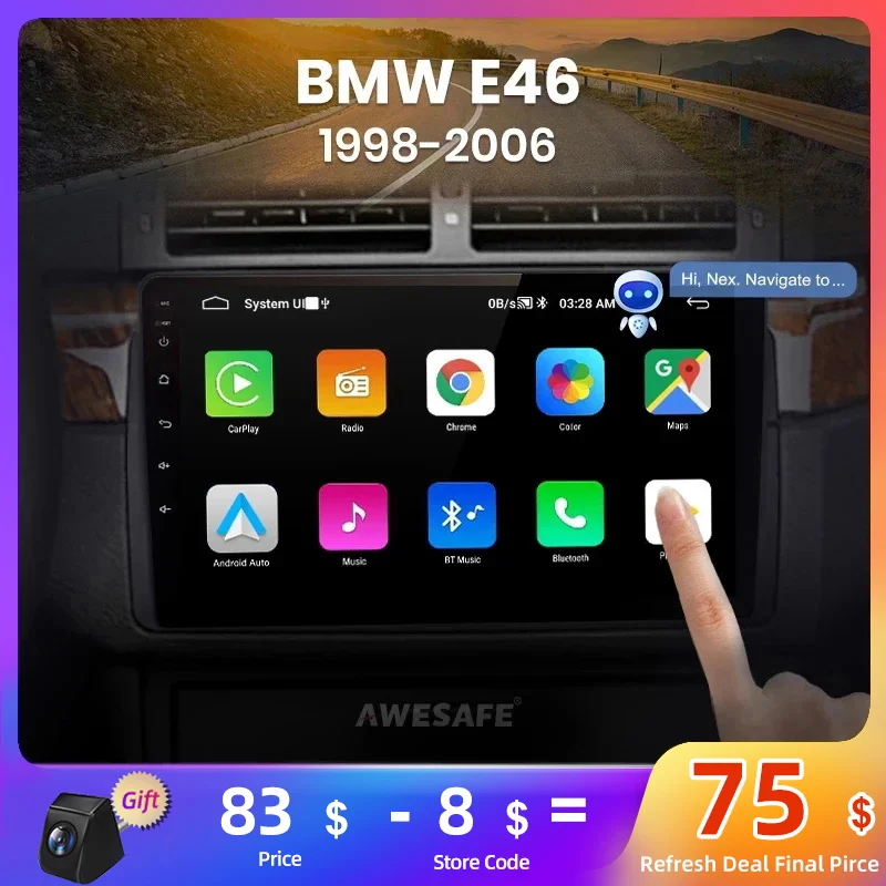 AWESAFE Autoradio multimédia PX9, Android, 2 din, CarPlay, GPS, pour BMW E46 coupé M3 Rover