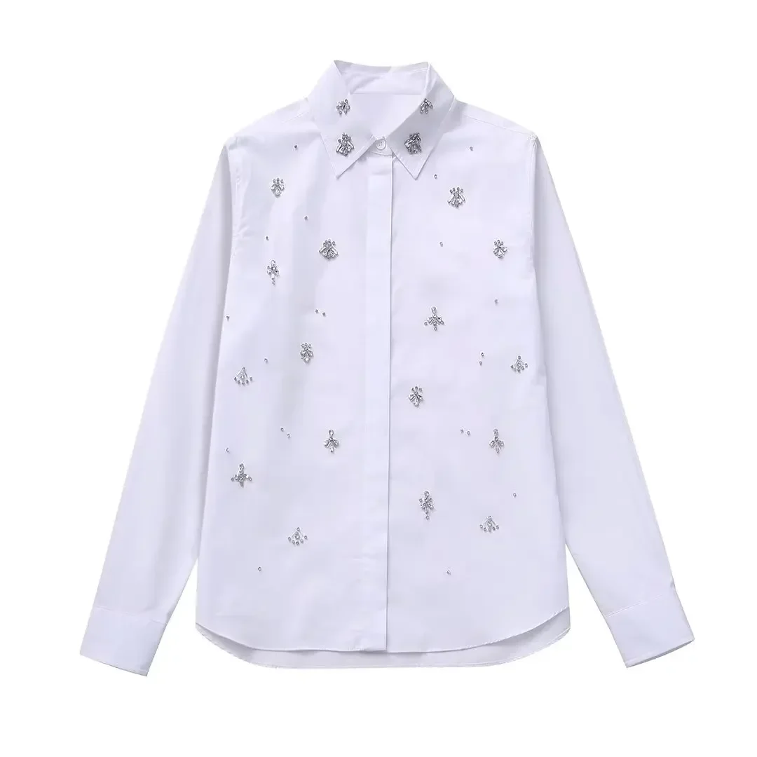 

Women 2023 New Fashion Jewelry decoration Loose Poplin Asymmetric Blouses Vintage Long Sleeve Button-up Female Shirts Chic Tops
