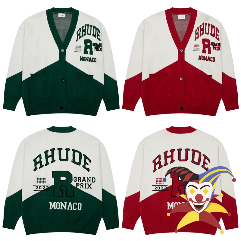 

Cardigan Rhude V-neck Jacquard Knit Sweater Men Women Green Red Sweatshirts