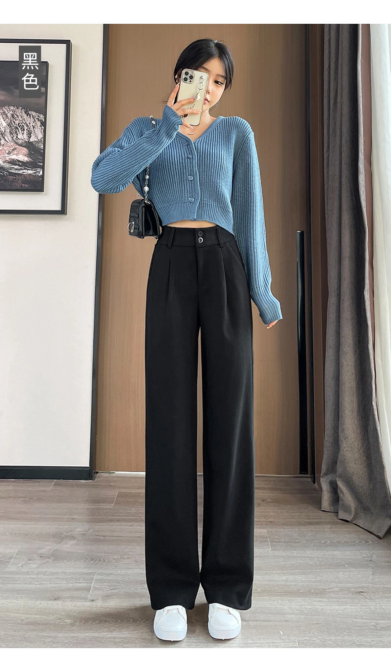 2024 delle Donne di Autunno Inverno Nuovo di Lana Pantaloni a gamba larga Femminile A Vita Alta Pantaloni Dritti Delle Signore Allentati Caldi Pantaloni Casuali L403 4