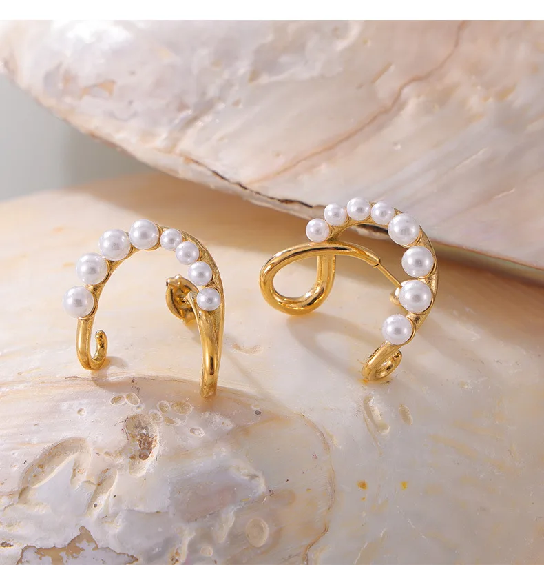 Modische U-förmige Ohrringe aus Edelstahl für Damen, neue Statement-Ohrstecker mit Imitationsperlen, farbechter Schmuck, Geschenk für die Freundin – Detail 8