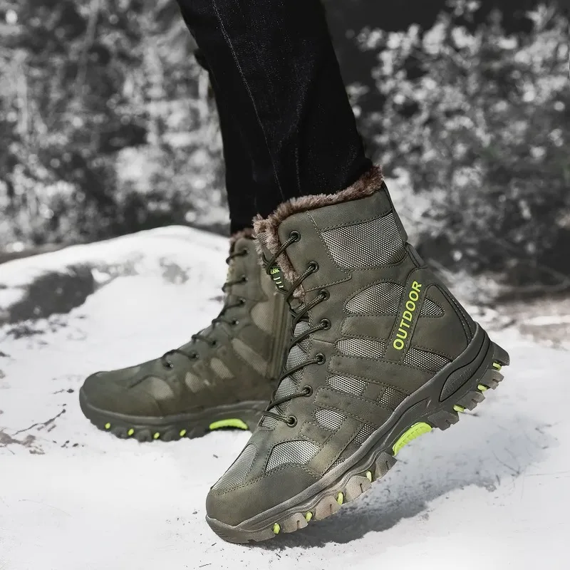 High quality high tops leather boots for men 2023 winter size 46 47 hiking outdoor mountain military training  plush warm shoe
