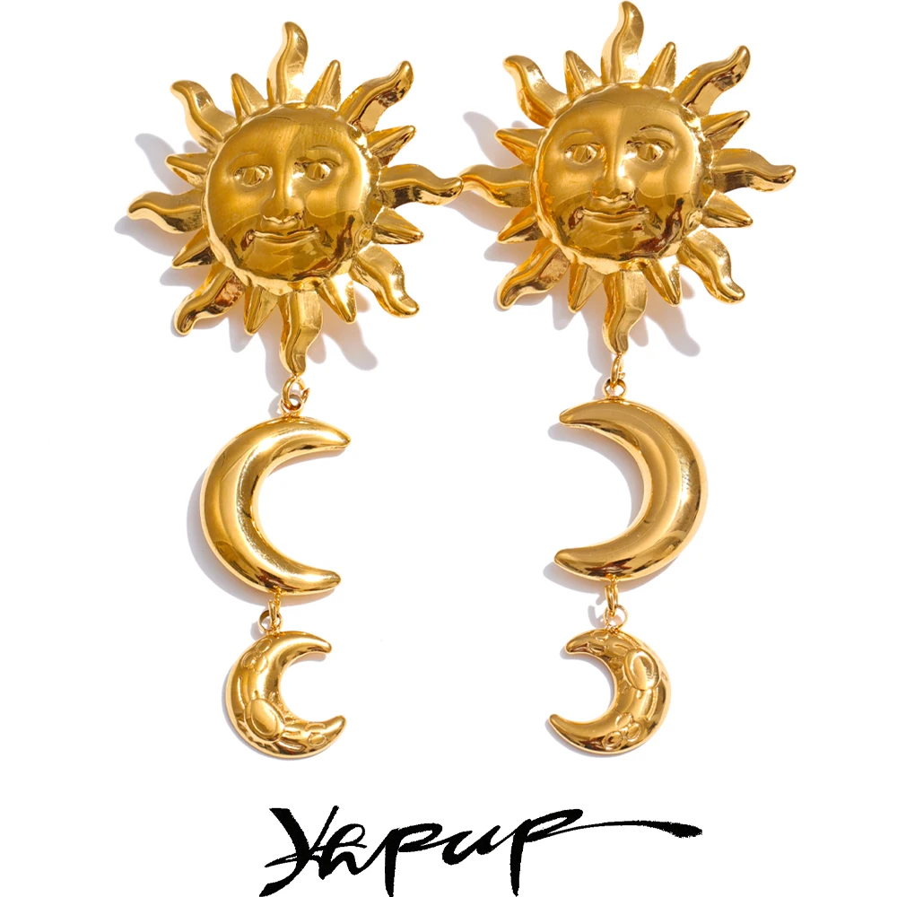 Yhpup Stainless Steel Sun Moon Dangle Earrings 18K Golden Plated