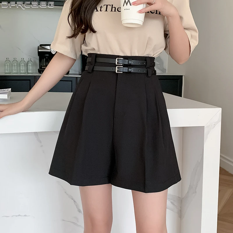 Loose Wide Leg Short Pants Women Casual Streetwear Summer Bermuda Shorts Suits Double Belt High Waist Cargo Short Femme Black