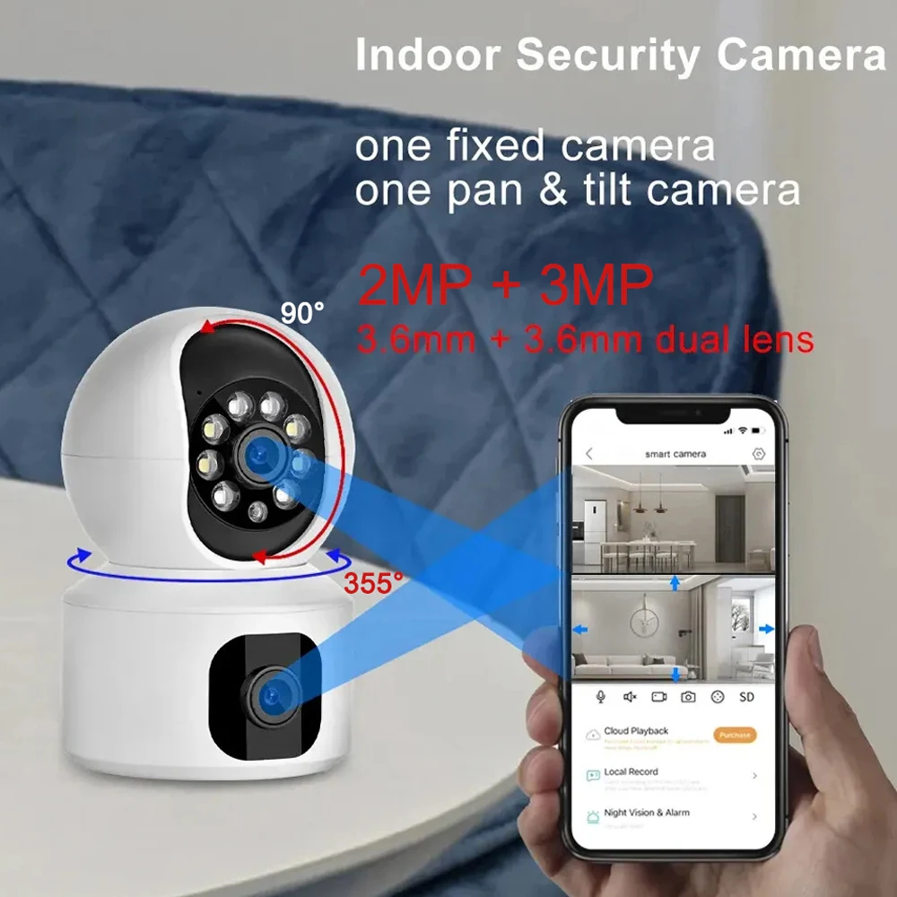 5MP WiFi Camera With Dual Screens Baby Monitor Night Vision1080P Cam Human Body Automatic Tracking Indoor Security IP Camera 1
